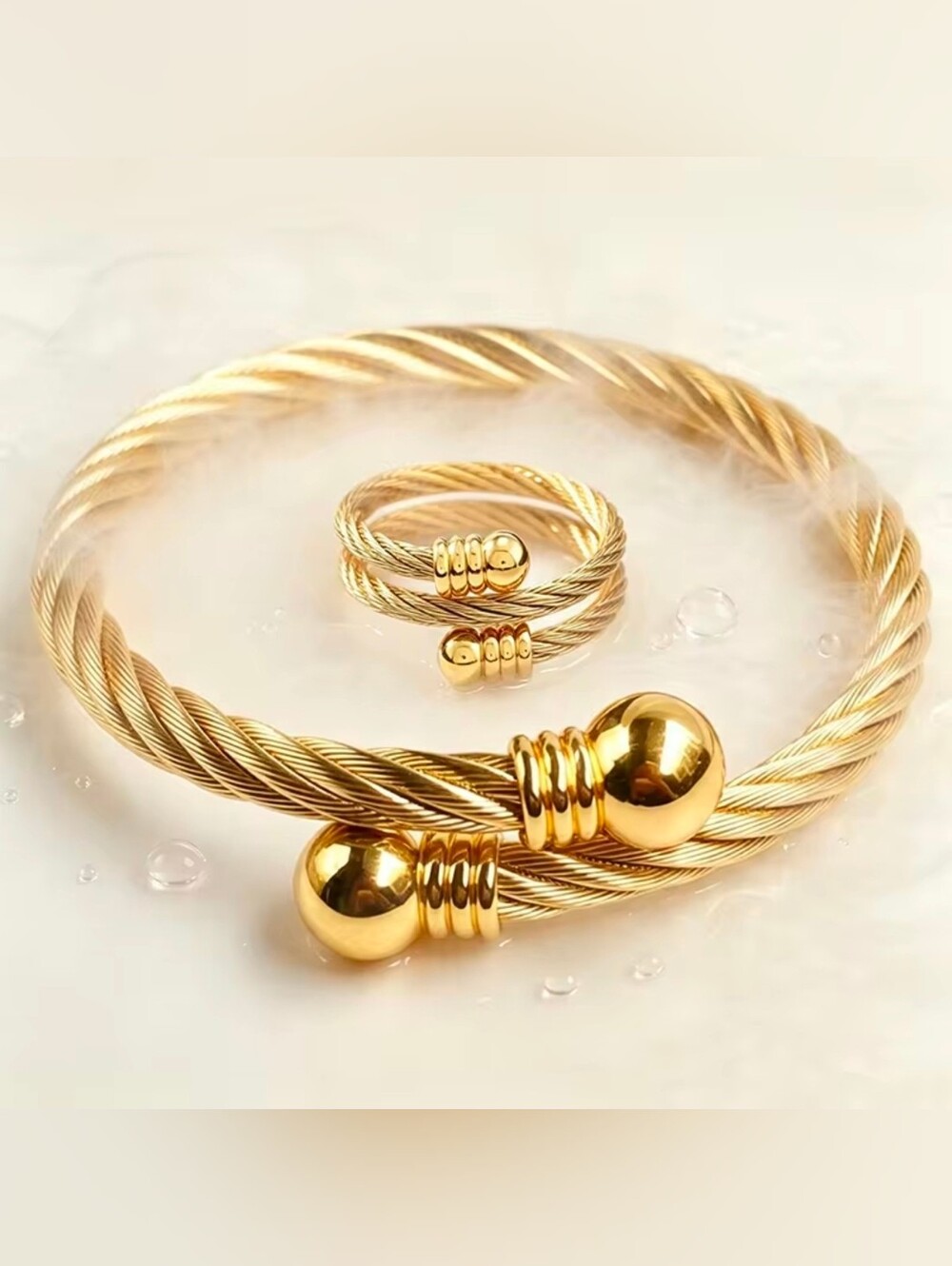 Gold Twisted Cable Cuff Bracelet and Ring Set - Picture 3 of 4
